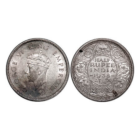 George VI, Silver, Half Rupee, 1938, Bombay Mint, A/I, Head Type I, Dot, Milled edge. GK 1