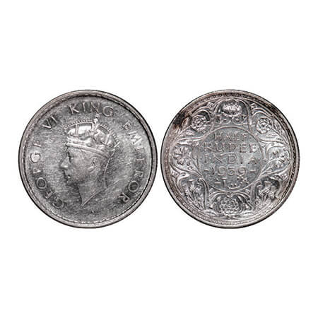 George VI, Silver, Half Rupee, 1939, Bombay Mint, A/I, Dot, Head Type I, Milled edge. GK 1