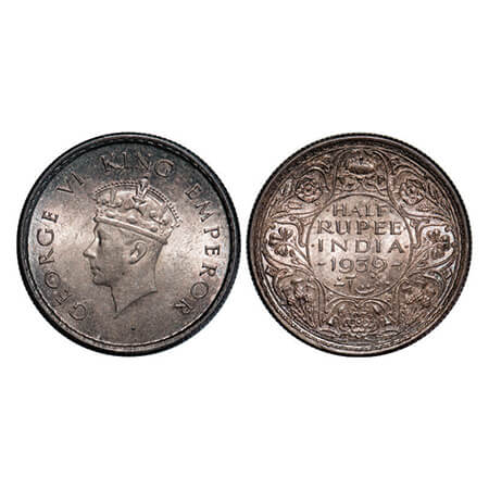 George VI, Silver, Half Rupee, 1939, Bombay Mint, Head Type I, A/I, Dot, Milled edge. GK 1