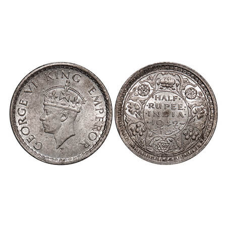 George VI, Half Silver, Half Rupee, 1942, Bombay Mint, A(a)/II, Head Type II, Dot, Securit