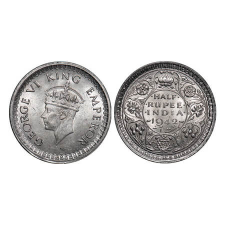 George VI, Half Silver, Half Rupee, 1942, Bombay Mint, B/II, Head Type II, Dot, Security e