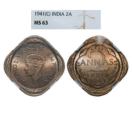 George VI, Copper-Nickel, 2 Annas, 1941, Bombay Mint, Head Type II, Dots by year. GK 1355.