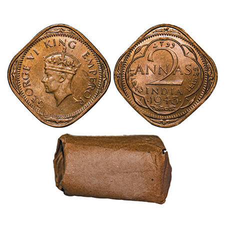 George VI, Nickel-Brass, 2 Annas, 1943, Bombay Mint, Roll of 24 coins in Brown paper. GK 1