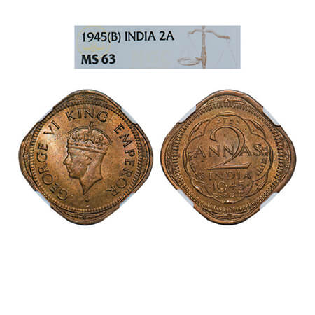 George VI, Nickel-Brass, 2 Annas, 1945, Bombay Mint, Head Type II, Dots by year, Tip of cr