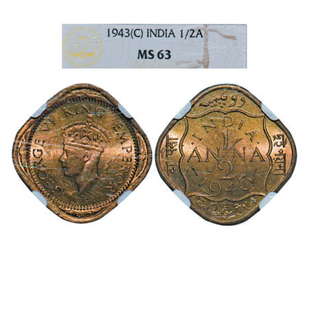 George VI, Nickel-Brass, 1/2 Anna 1943, Calcutta Mint, Dots by India, Dashes by year. GK 1