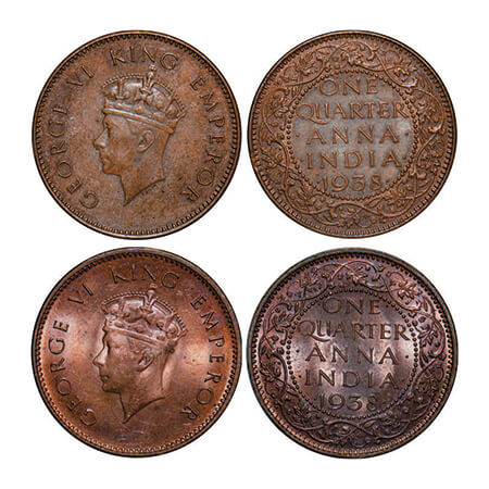 George VI, Bronze, Quarter Anna, (2 coins), 1938, 1) Bombay Mint, Head Type I, Dot, Dots b