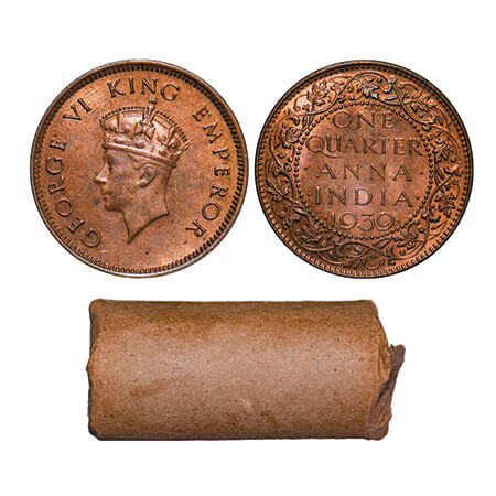 George VI, Bronze, Quarter Anna, 1939, Bombay Mint, Roll of 32 coins in Brown paper. GK 14