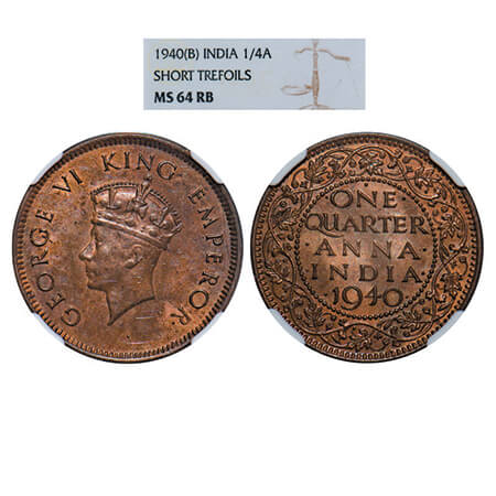 George VI, Bronze, Quarter Anna, 1940, Bombay Mint, Head Type I, Dot. GK 1425. NGC Slabbed