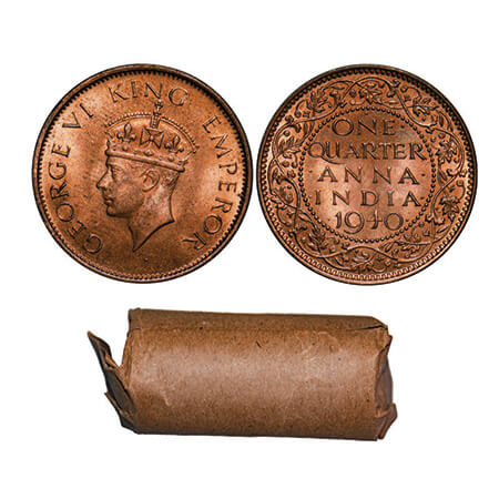 George VI, Bronze, Quarter Anna, 1940, Bombay Mint, Roll of 32 coins in Brown paper. GK 14