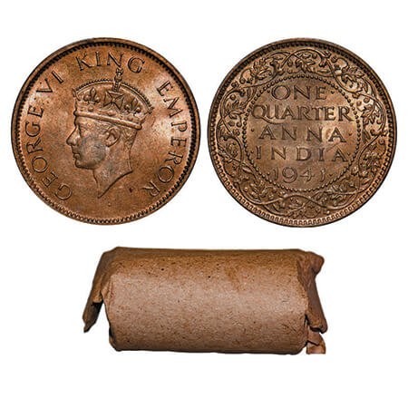 George VI, Bronze, Quarter Anna, 1941, Calcutta Mint, Roll of 32 coins in Brown paper. GK 