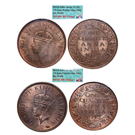 George VI, Bronze, Quarter Anna, (2 slabs), 1942, 1) Bombay Mint, Head Type II, Dot, 2) Ca