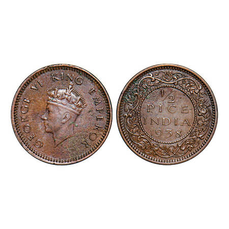 George VI, Bronze, 1/2 Pice, 1938, Calcutta Mint, Head Type I, No dot. GK 1449. Very Fine,