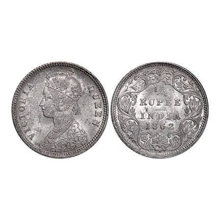 Victoria Queen, Silver, 1/4 Rupee, 1862, Calcutta Mint, A/I. GK 375. Uncirculated. Scarce.