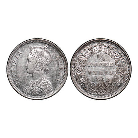 Victoria Queen, Silver, 1/4 Rupee, 1862, Bombay Mint, A/I. GK 377. About Uncirculated, Det
