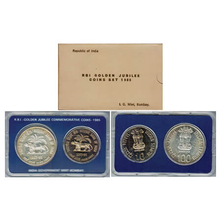 1985, Reserve Bank Of India-Golden Jubilee, Unc Set of 100 Rupees, 10 Rupees, Bombay Mint,