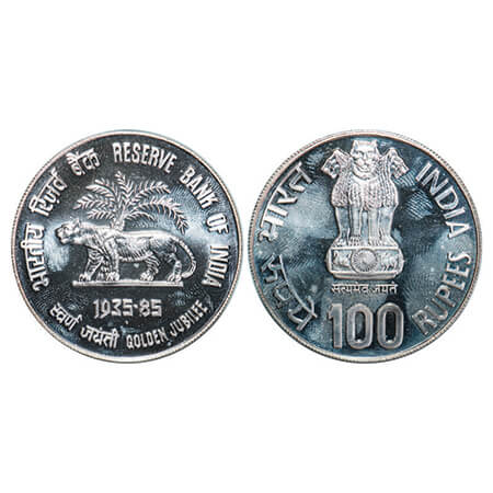 1985, Silver (50%) Reserve Bank of India-Golden Jubilee, Unc coin of 100 Rupees. Bombay Mi