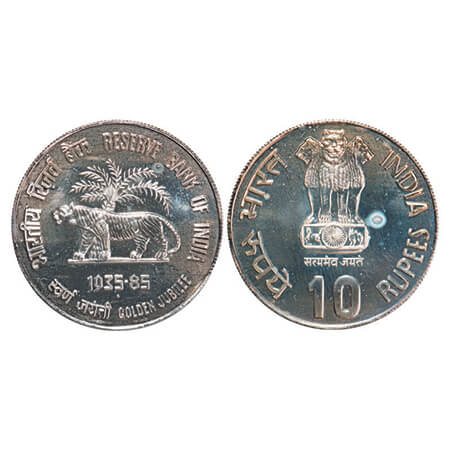 1985, Cu-Ni, Reserve Bank of India-Golden Jubilee, Unc coin of 10 Rupees. Bombay Mint, in 