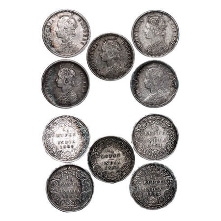 Victoria Queen & Empress, Silver, 1/4 Rupee, (Lot of 5 coins), 1) 1862, Bombay Mint, A/I, 