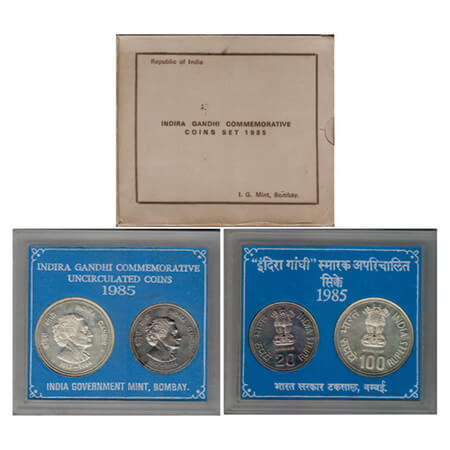 1985, Indira Gandhi (1917-1984), Unc coin Set of 100 Rupees & 20 Rupees, Bombay Mint, in a
