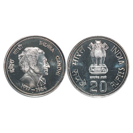 1985, Cu-Ni, Indira Gandhi (1917-1984), Unc Coin of 20 Rupees, Bombay Mint, in original ac