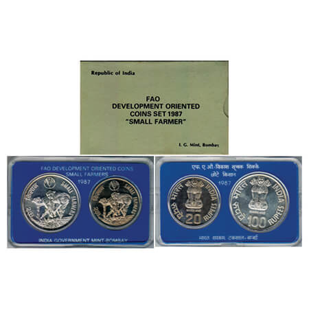 1987, FAO Development Oriented Coins- Small Farmers, Unc Set of 100 Rupees, 20 Rupees, Bom
