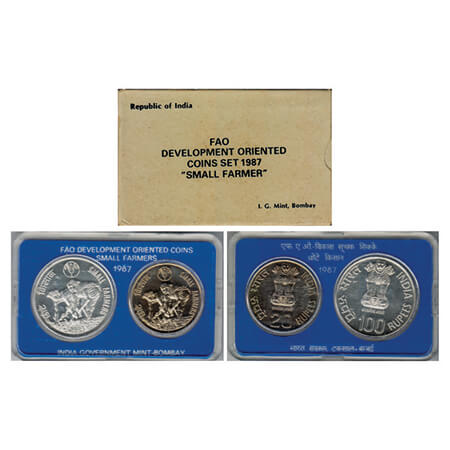 1987, FAO Development Oriented Coins- Small Farmers, Unc Set of 100 Rupees, 20 Rupees, Bom