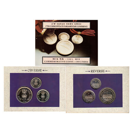 1991, 37th Commonwealth Parliamentary Conference, Unc set of 3 coins, 10 Rupees, 5 Rupees 