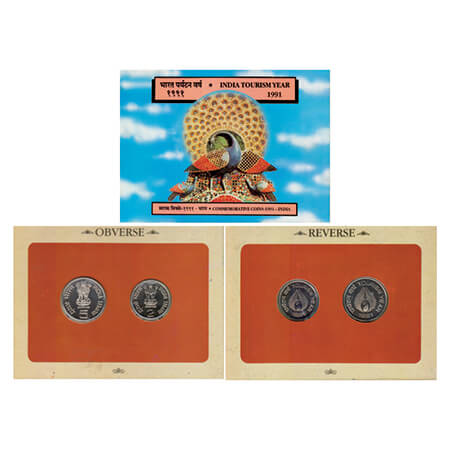 1991, India Tourism Year, Unc set of 2 coins, 5 Rupees and 2 Rupees, Bombay Mint, in origi