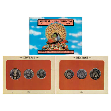 1991, India Tourism Year, Unc set of 3 coins, 5 Rupees, 2 Rupees and 1 Rupee, Bombay Mint,