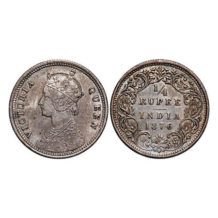 Victoria Queen, Silver, 1/4 Rupee, 1876, Bombay Mint, A/I, No dot, Ghost on Rev. GK 668. V