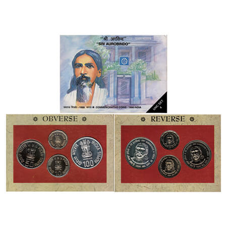 1998, Sri Aurobindo, Unc Set of 4 coins, 100 Rupees, 50 Rupees, 10 Rupees and 2 Rupees, Mu