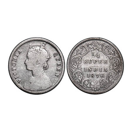 Victoria Queen, Silver, 1/4 Rupee, 1876, Calcutta Mint, A/I, No mint mark, No 'C'. GK 669.