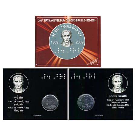 2009, 200th Birth anniversary of Louis Braille 1809-2009, Unc coin of 2 Rupees, Hyderabad 