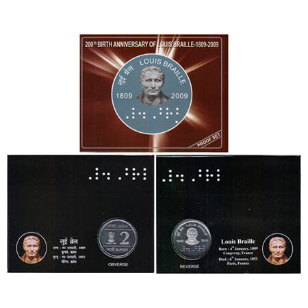 2009, 200th Birth anniversary of Louis Braille 1809-2009, Proof coin of 2 Rupees, Kolkata 