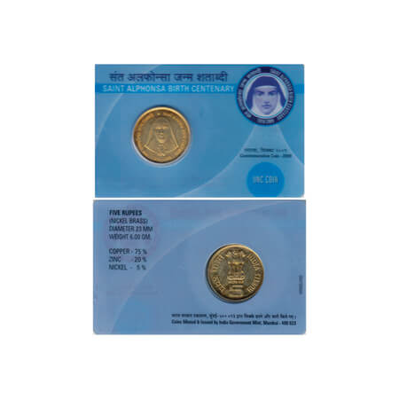 2009, Saint Alphonsa Birth Centenary 1910 - 2009. Unc coin of 5 Rupees, Mumbai mint, in or