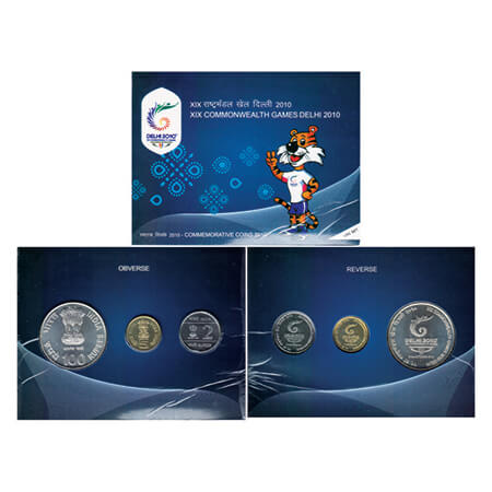 2010, XIX Commonwealth Games Delhi, Unc set of 3 coins, 100 Rupees, 5 Rupees and 2 Rupees,