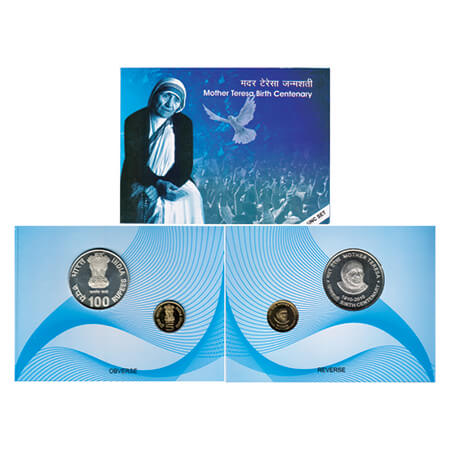 2010, Mother Teresa Birth Centenary, Unc set of 2 coins, 100 Rupees and 5 Rupees, Kolkata 