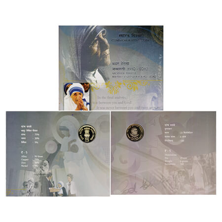 2010, Mother Teresa Birth Centenary, Unc coin of 5 Rupees, Hyderabad mint, in original min