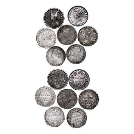 Victoria Queen & Empress, Silver, 1/4 Rupee, (Lot of 7 coins), 1876 (2), 1892, 1893, 1894,