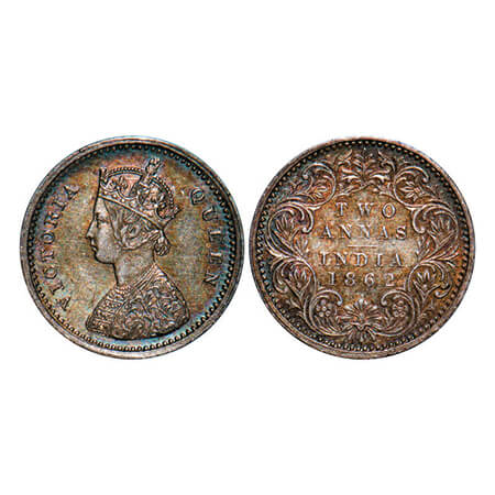 Victoria Queen, Silver, 2 Annas, 1862, Bombay Mint, A/I. GK 383. About Uncirculated. Scarc