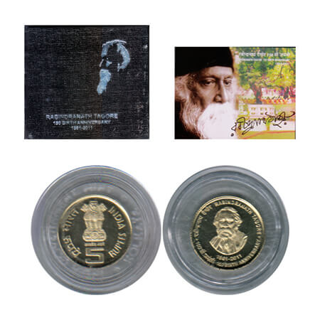 2011, 150th Birth Anniversary of Rabindranath Tagore, Unc coin of 5 Rupees, Kolkata mint, 