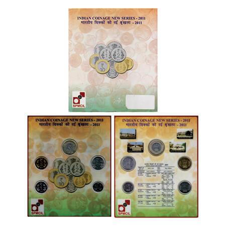 2011, Indian Coinage New Series, Unc coins of 10, 5, 2,1, 0.5 Rupees, Mumbai mint (SPMCIL)