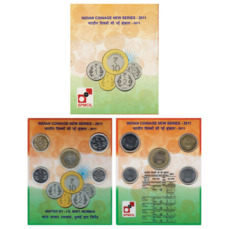 2011, Indian Coinage New Series, Unc coins of 10, 5, 2,1, 0.5 Rupees, Mumbai mint (SPMCIL)