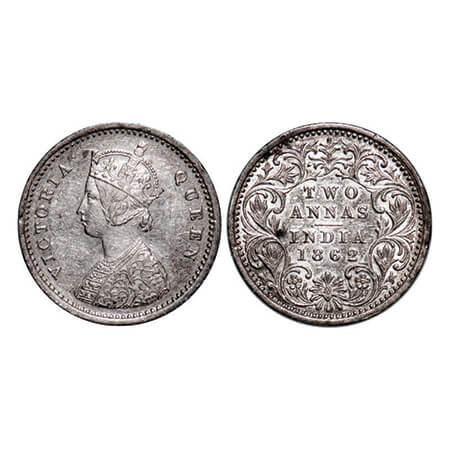 Victoria Queen, Silver, 2 Annas, 1862, Bombay Mint, A/I. GK 383. Extremely Fine+. Scarce.