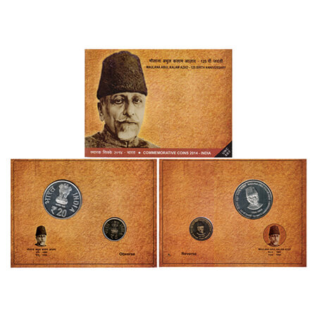 2014, 125th Birth Anniversary of Maulana Abul Kalam Azad, Unc set of 2 coins, 20 Rupees an