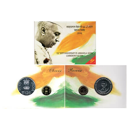 2014, 125th Birth Anniversary of Jawaharlal Nehru, Unc set of 2 coins, 125 Rupees and 5 Ru