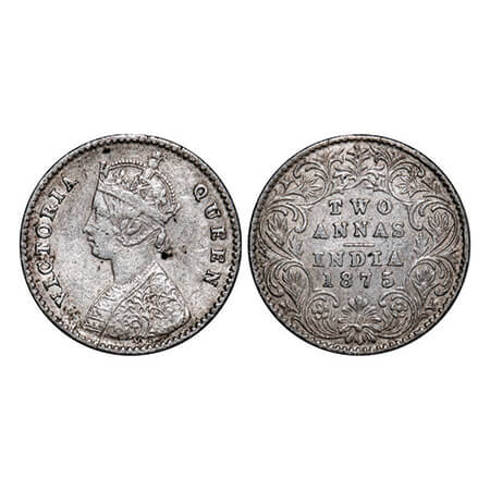 Victoria Queen, Silver, 2 Annas, 1875, Calcutta Mint, A/I, No mint mark. GK 742. Very Fine