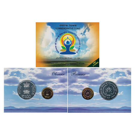 2015, International Day of Yoga 2015, Unc set of 2 coins, 100 Rupees and 10 Rupees, Mumbai