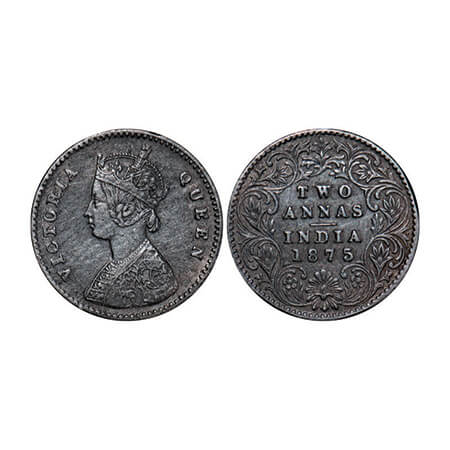 Victoria Queen, Silver, 2 Annas, 1875, Calcutta Mint, A/I, No mint mark. GK 742. Very Fine