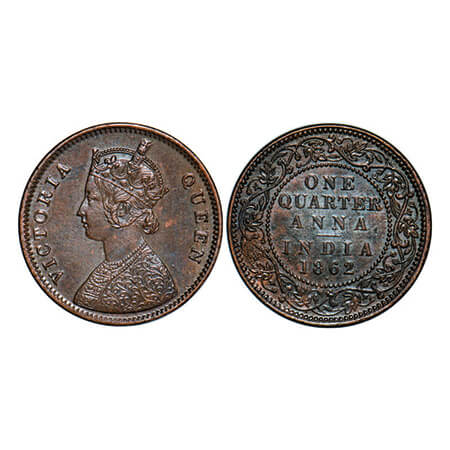 Victoria Queen, Copper, Quarter Anna, 1862, Bombay Mint, A/I, Dot, Tiny 'V' incused at the